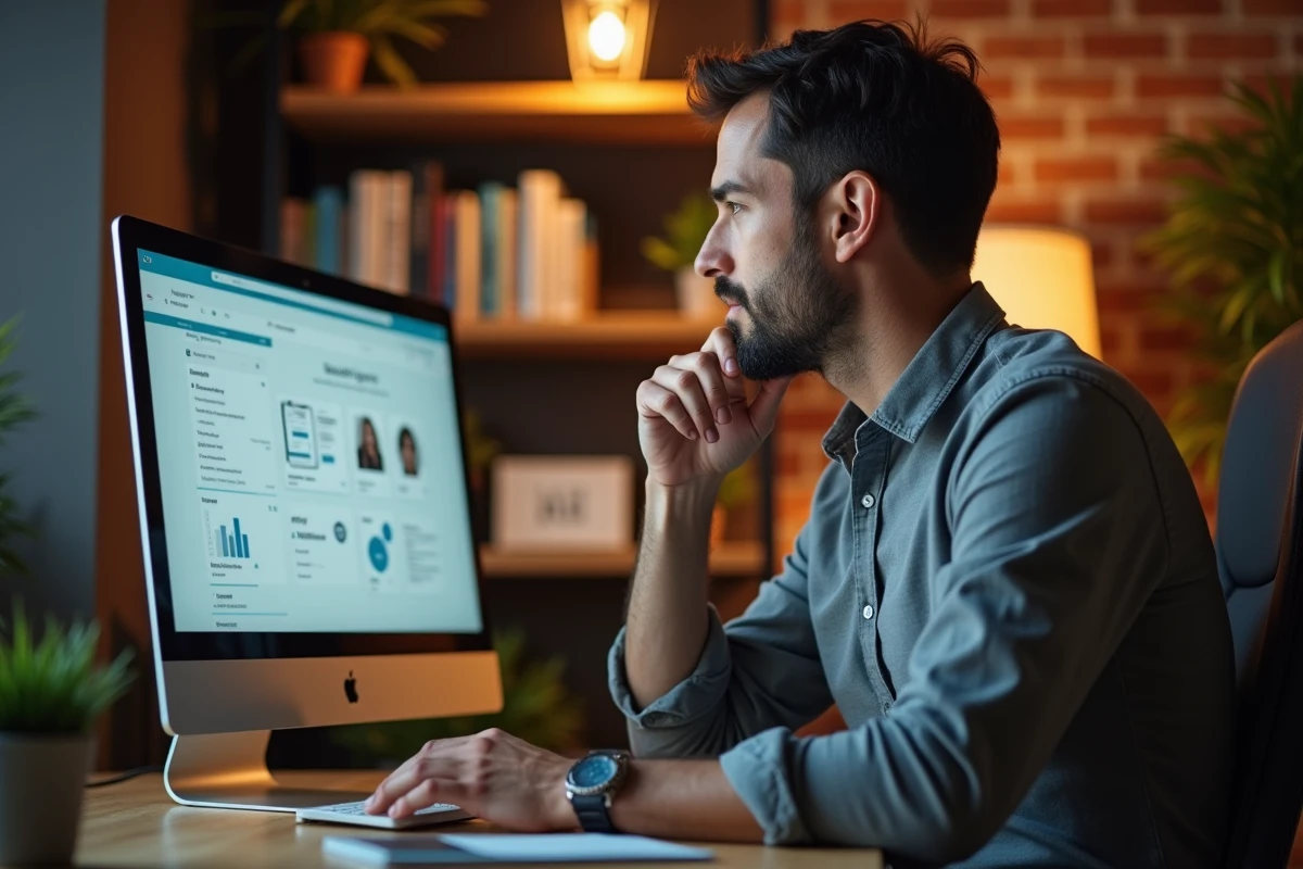 Homme consultant une interface d'abonnement logiciel de formation marketing par email depuis son bureau à domicile