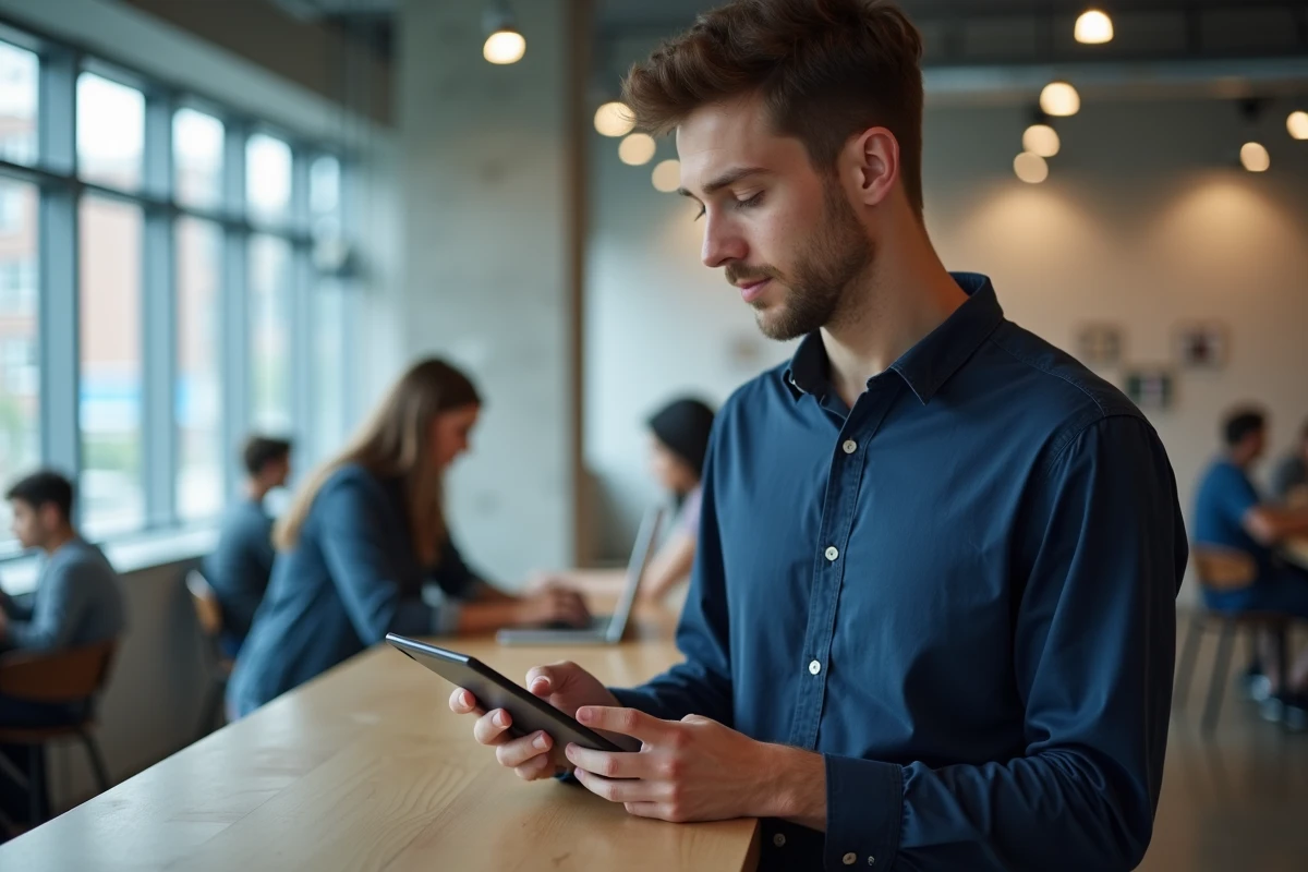 Étudiant CESI accédant à l'ENT sur tablette dans un espace de coworking moderne