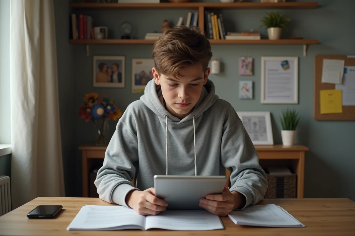 Adolescent concentré à remplir un formulaire sur sa tablette dans sa chambre