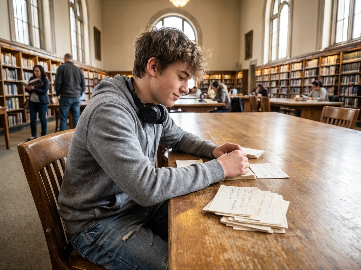 Adolescent étudiant ses cartes de vocabulaire dans une bibliothèque animée