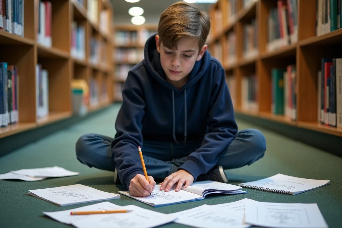 Adolescent révisant les verbes du 2ème groupe sur le sol d'une bibliothèque entouré de fiches de grammaire