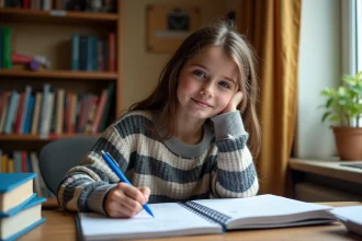 Adolescente révisant le passé simple du verbe manger dans un cahier de grammaire française à son bureau