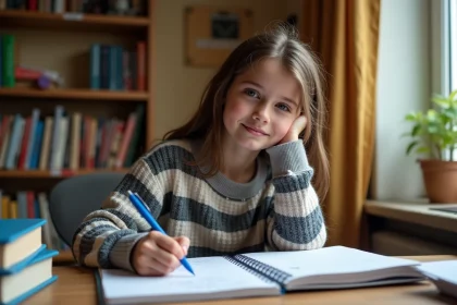 Adolescente révisant le passé simple du verbe manger dans un cahier de grammaire française à son bureau