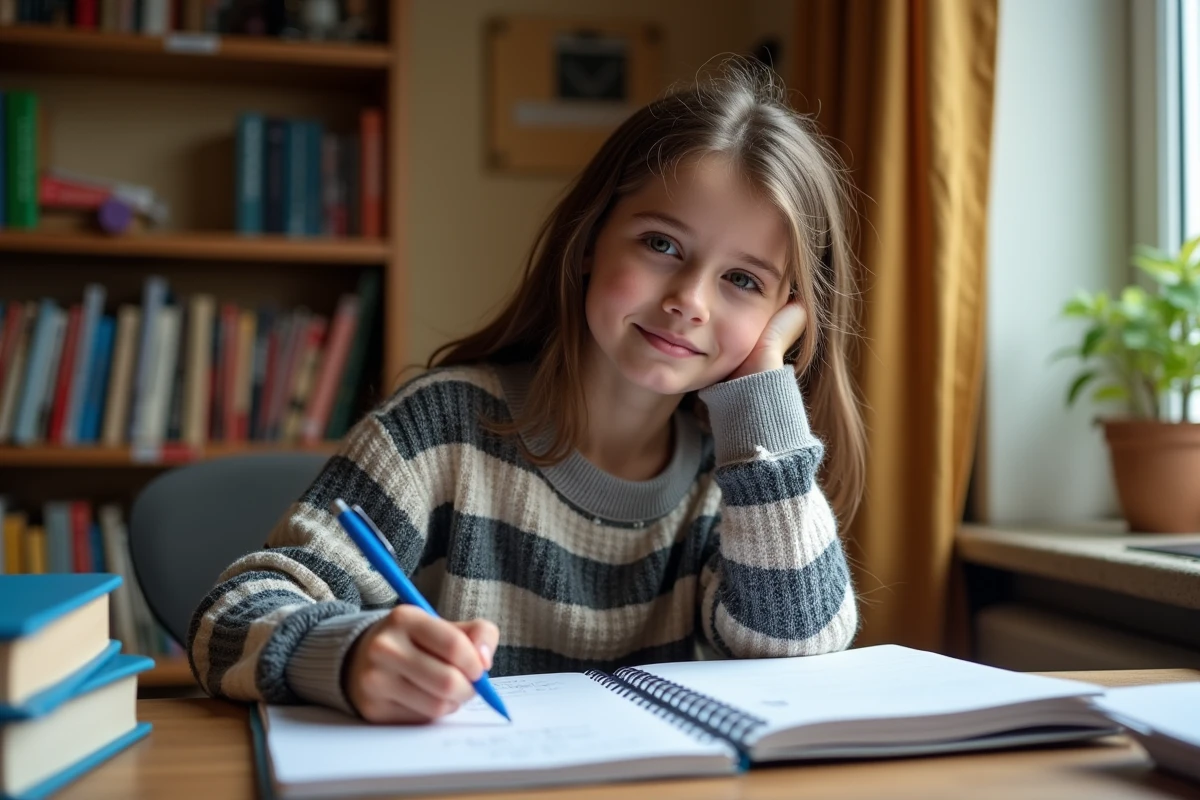 Adolescente révisant le passé simple du verbe manger dans un cahier de grammaire française à son bureau