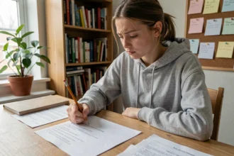 Adolescente concentrée sur un test de QI imprimé, assise à un bureau en bois dans sa chambre entourée de livres scolaires