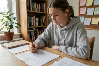 Adolescente concentrée sur un test de QI imprimé, assise à un bureau en bois dans sa chambre entourée de livres scolaires
