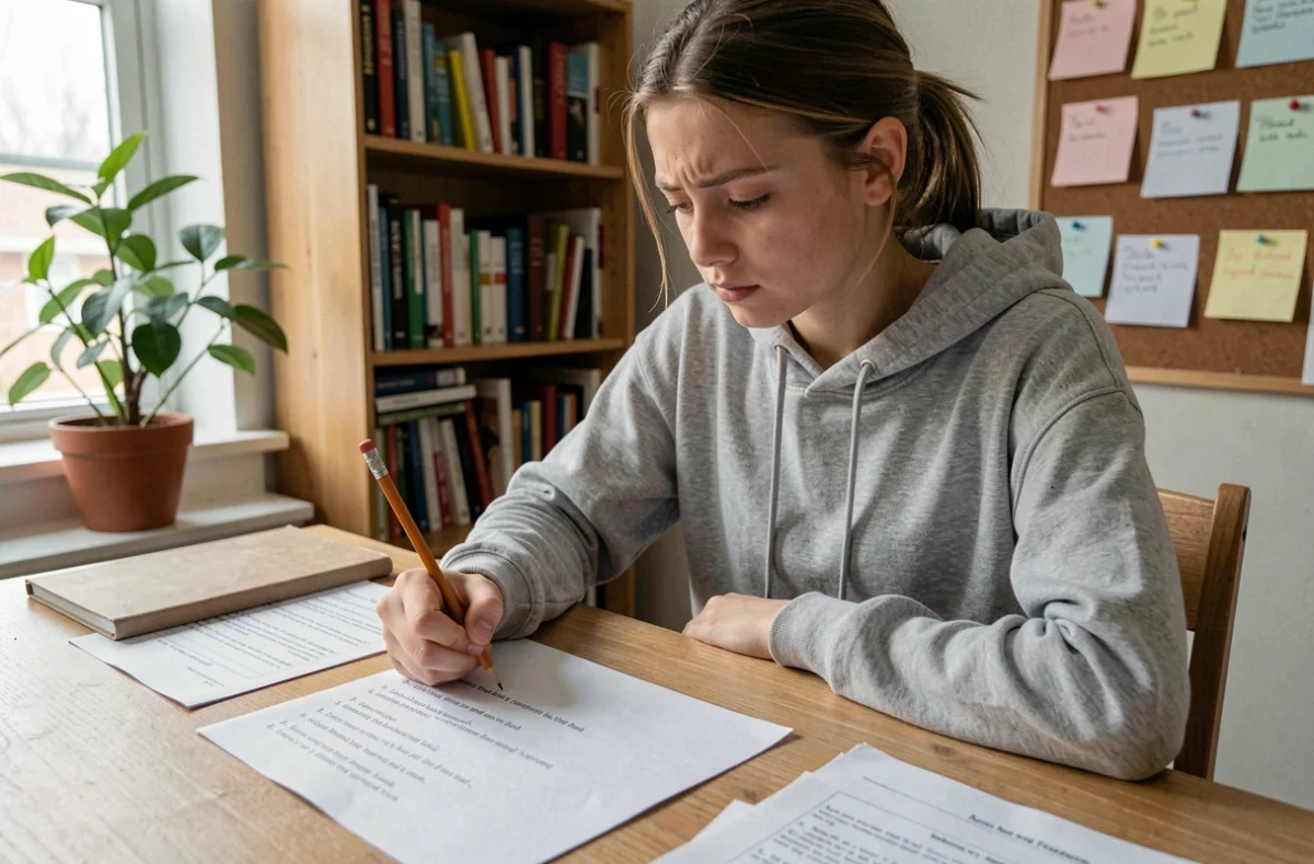 Adolescente concentrée sur un test de QI imprimé, assise à un bureau en bois dans sa chambre entourée de livres scolaires