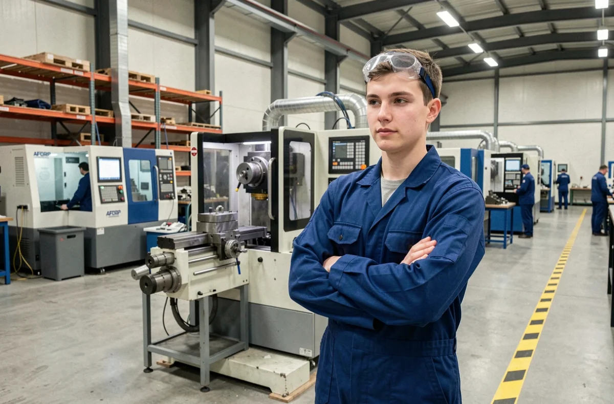 Apprenti en tenue de travail bleue devant une machine industrielle dans l'atelier de l'AFORP à Drancy