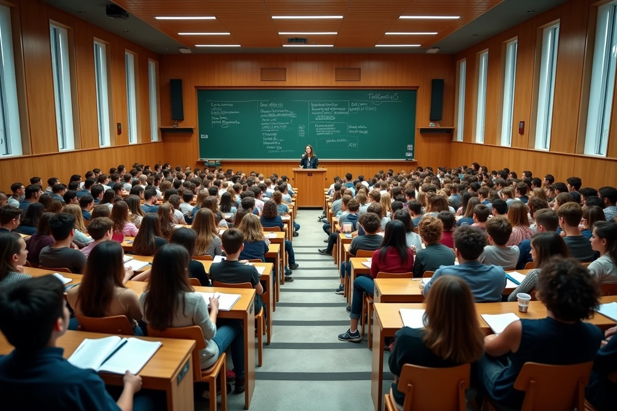 Amphithéâtre d'un grand lycée français bondé d'élèves assistant à un cours magistral