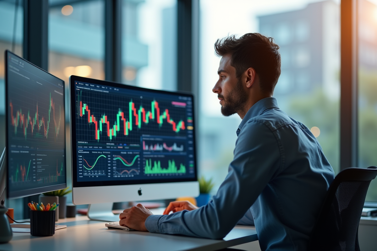Analyste financier travaillant sur des graphiques colorés