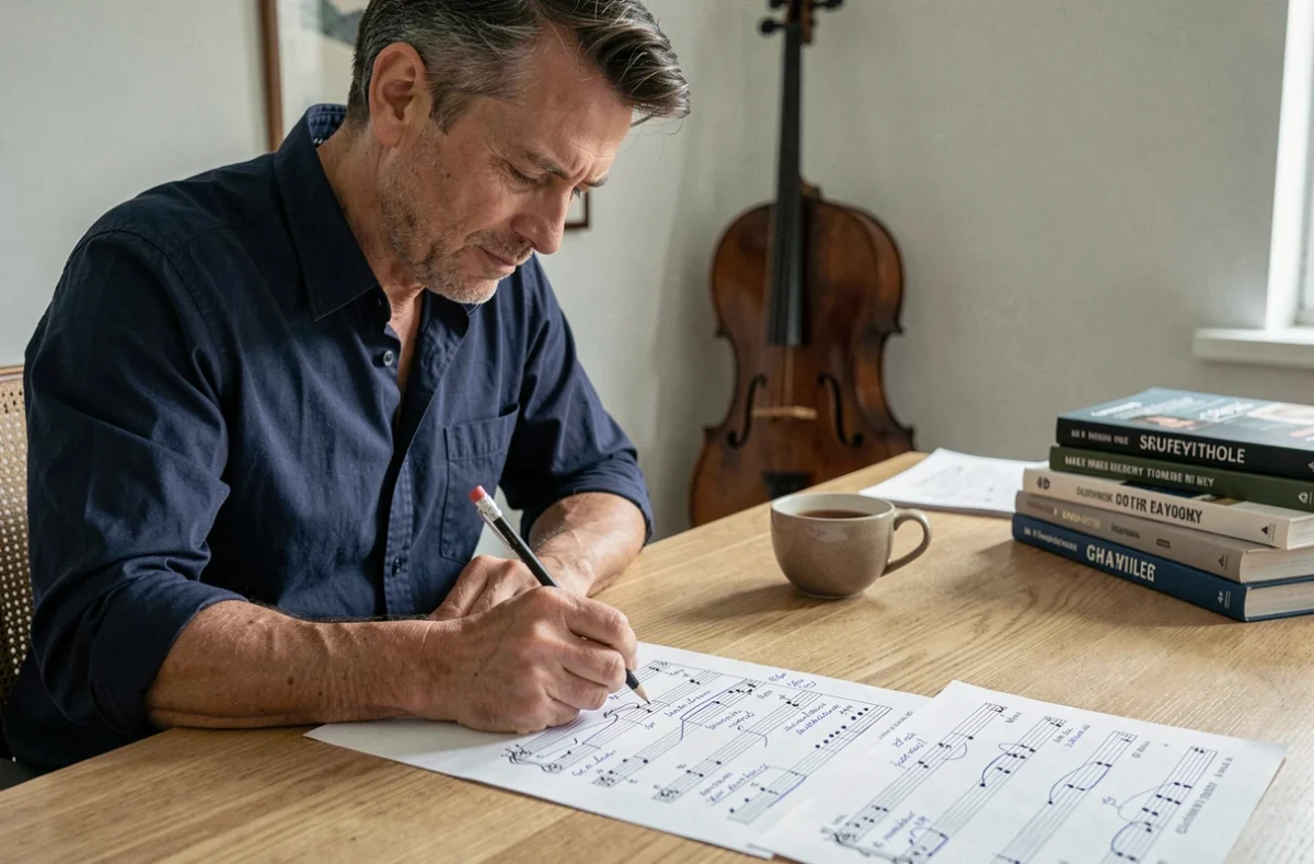 Homme adulte annotant une partition d'entraînement en clé de FA imprimée sur un bureau en bois, entouré de livres de théorie musicale et d'un étui de violoncelle