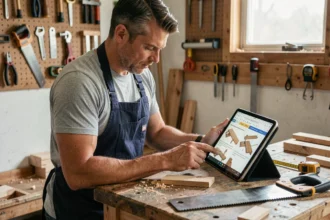 Homme adulte apprenant le bricolage en ligne sur une tablette dans un atelier de garage bien équipé
