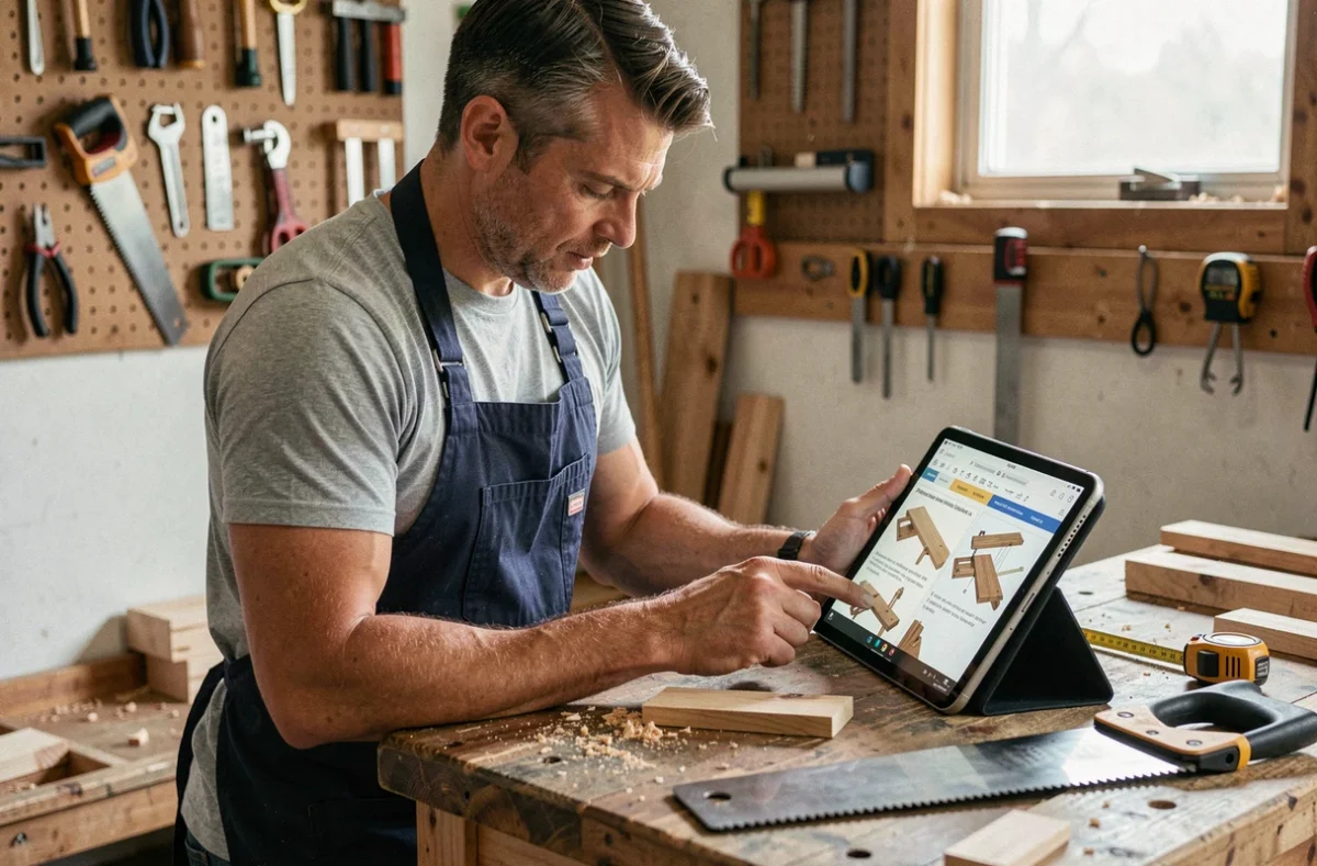Homme adulte apprenant le bricolage en ligne sur une tablette dans un atelier de garage bien équipé