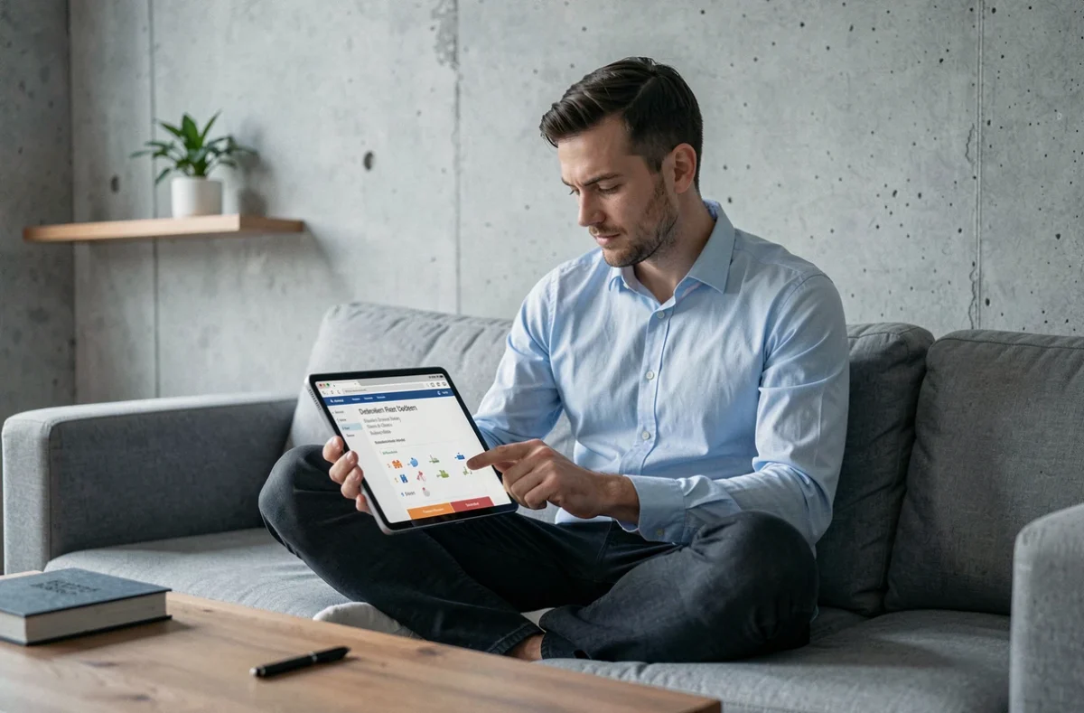 Homme adulte utilisant une ressource en ligne pour apprendre la déclinaison allemande sur tablette chez lui