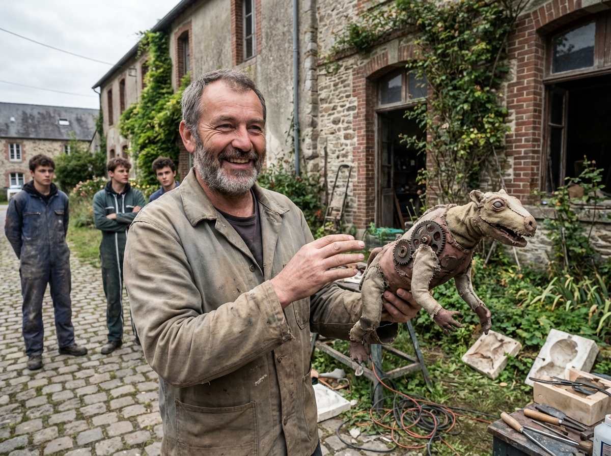 Homme expliquant son modele de creature artisanale