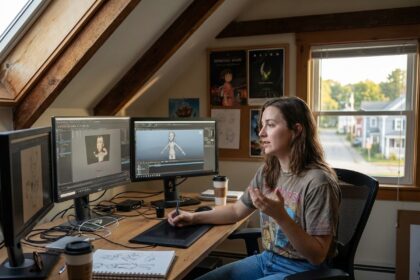 Jeune femme concentrée travaillant sur ordinateur d'animation