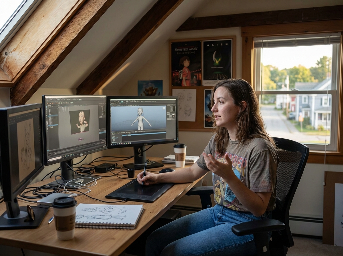 Jeune femme concentrée travaillant sur ordinateur d'animation