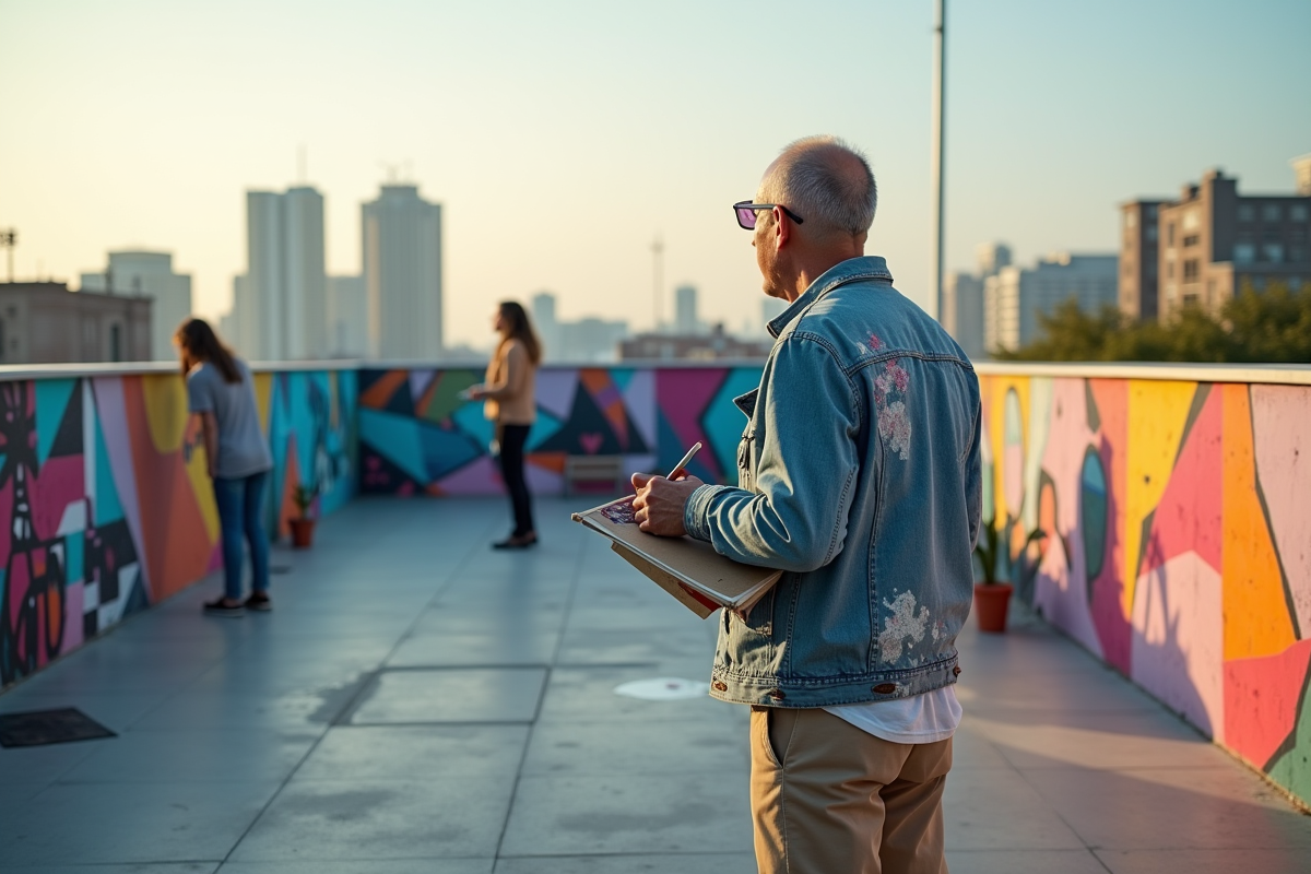 Artiste urbain contemplant fresque murale en plein air