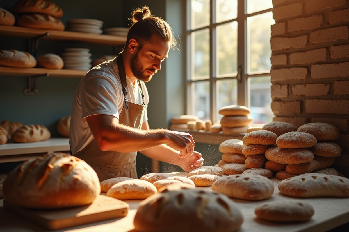 Boulanger arrangeant pains artisanaux dans une boulangerie lumineuse