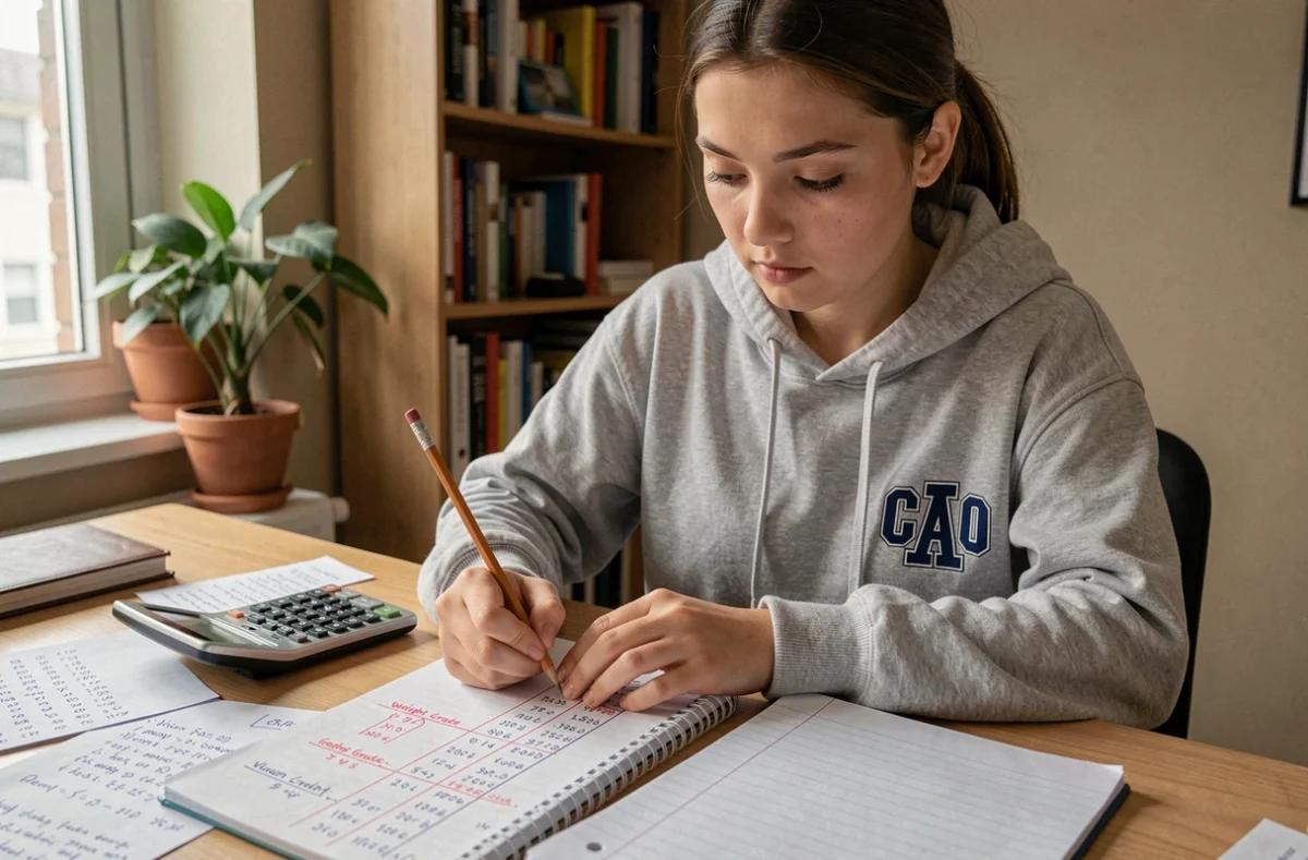 Étudiante calculant une moyenne avec coefficients à la main sur un cahier de notes, entourée de feuilles de calcul et d'une calculatrice posée sur un bureau en bois