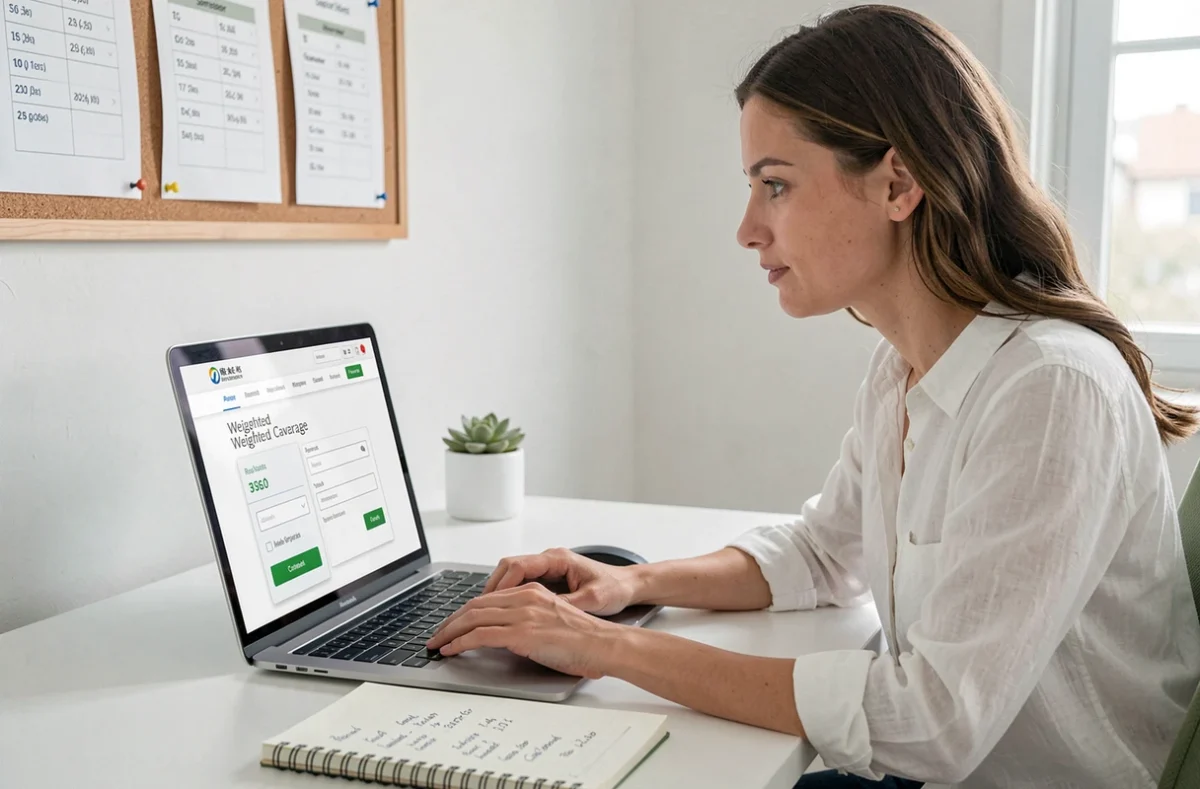 Femme utilisant une calculatrice de moyenne avec coefficients en ligne sur un ordinateur portable dans un bureau minimaliste à domicile, avec un cahier de notes ouvert à côté