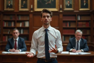 Jeune candidat en chemise blanche passant une épreuve orale devant un jury lors d'un concours d'entrée à Saint-Cyr