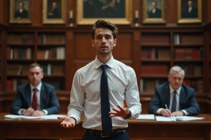 Jeune candidat en chemise blanche passant une épreuve orale devant un jury lors d'un concours d'entrée à Saint-Cyr