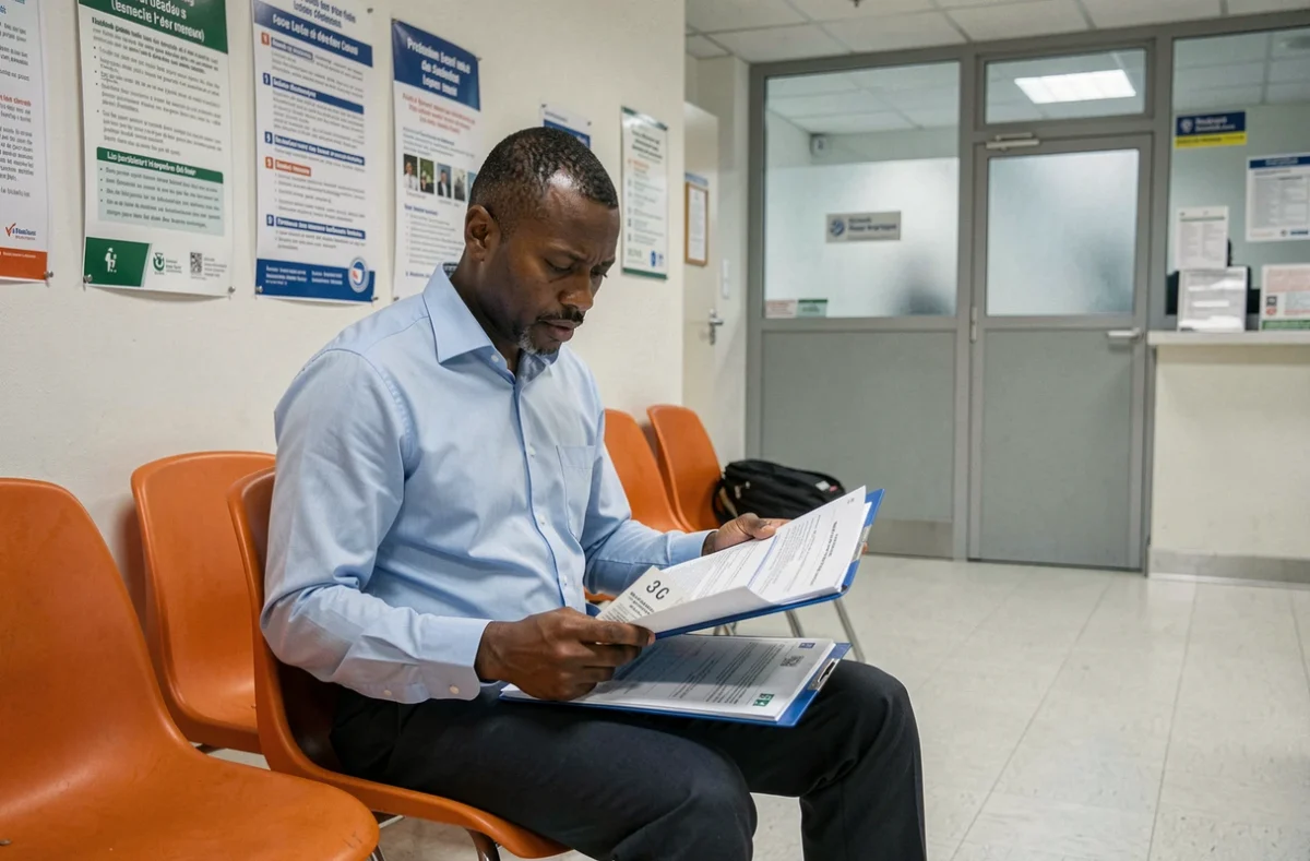 Un homme d'origine africaine qui prépare ses documents pour son entretien de naturalisation dans la salle d'attente d'une préfecture française