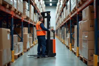Cariste intérimaire opérant un chariot élévateur de catégorie CACES 1 et 3 dans un entrepôt logistique