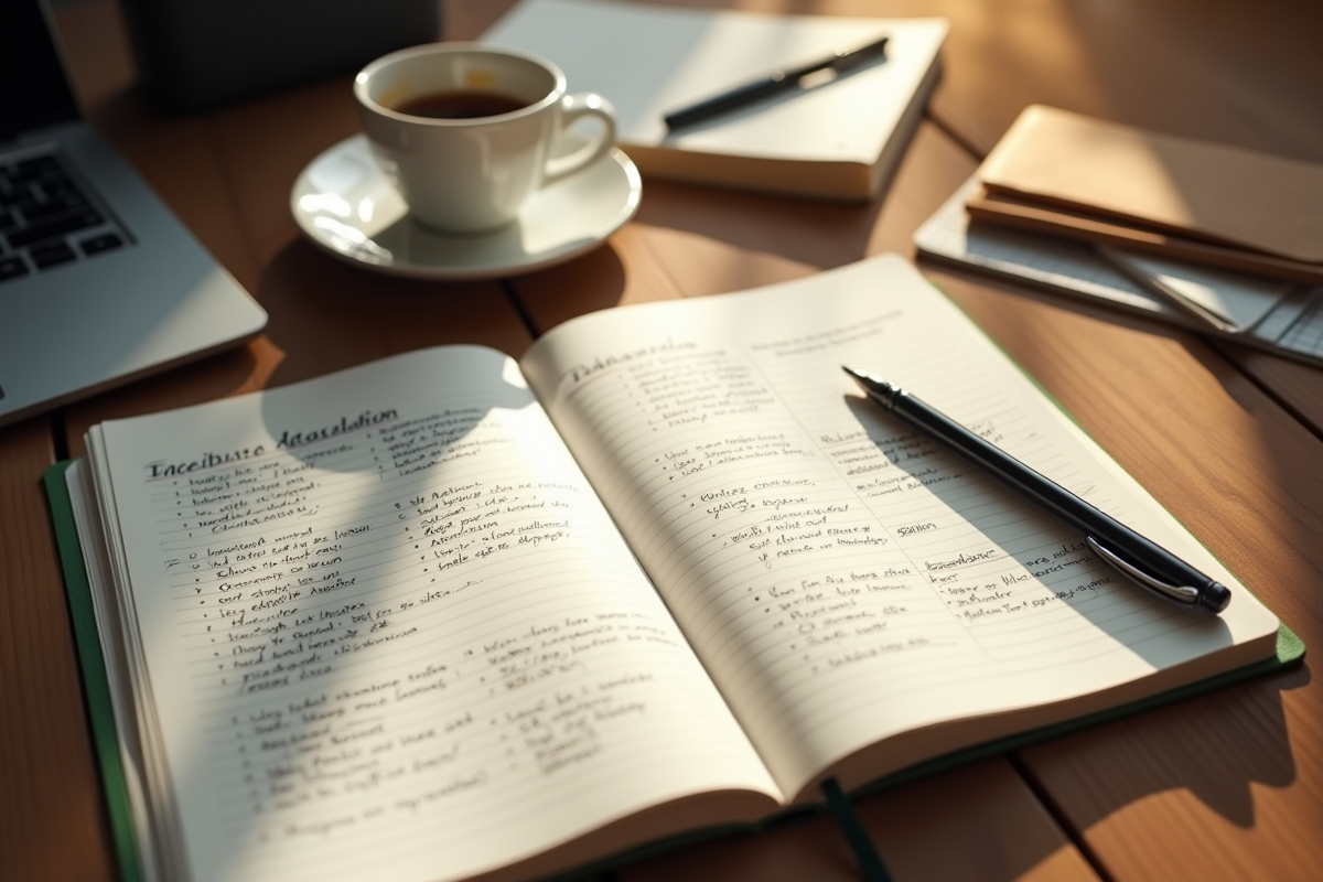 Carnet ouvert avec notes et diagrammes sur objectifs d