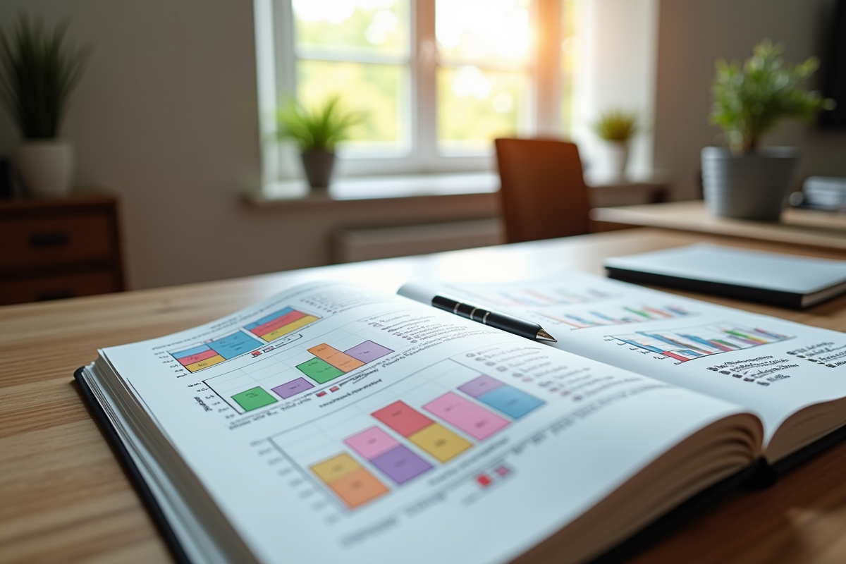 Carnet ouvert avec plans et diagrammes sur un bureau moderne