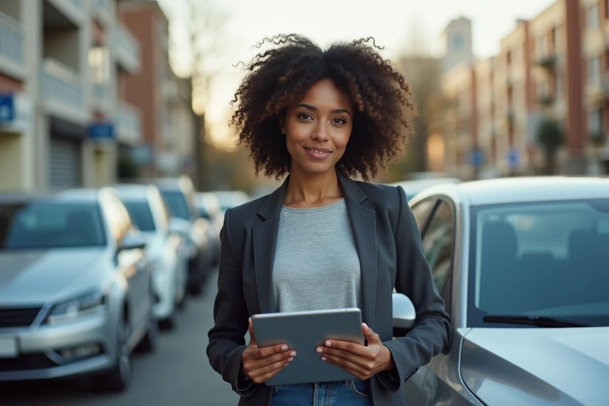 Chauffeure VTC indépendante consultant un document réglementaire à côté de son véhicule en ville