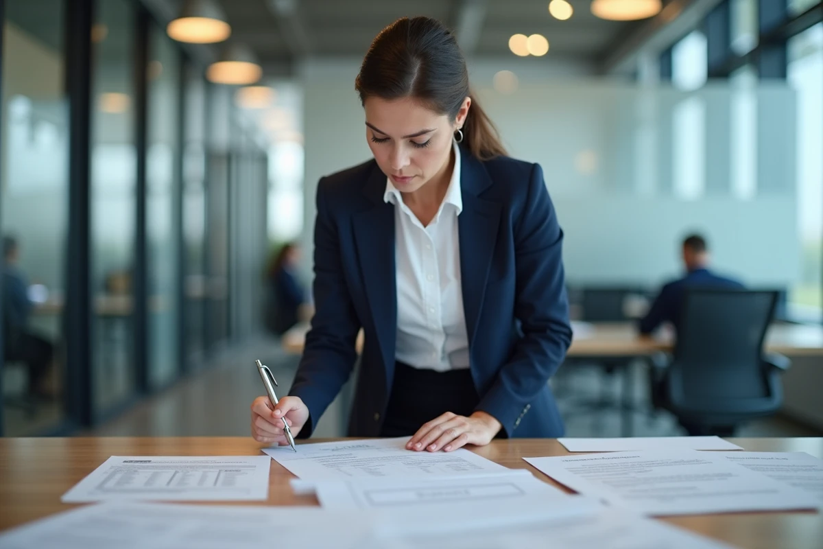 Femme professionnelle du BTP vérifiant une checklist de certification dans une salle de réunion d'entreprise
