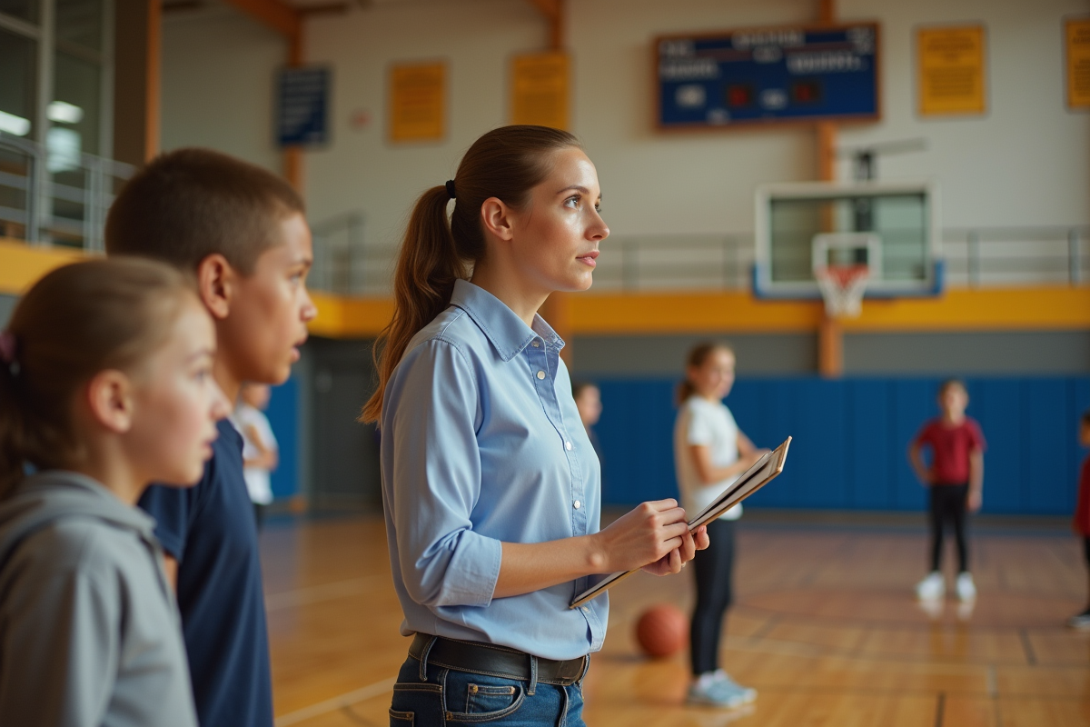 Jeune femme entraineur de basketball en salle avec des jeunes