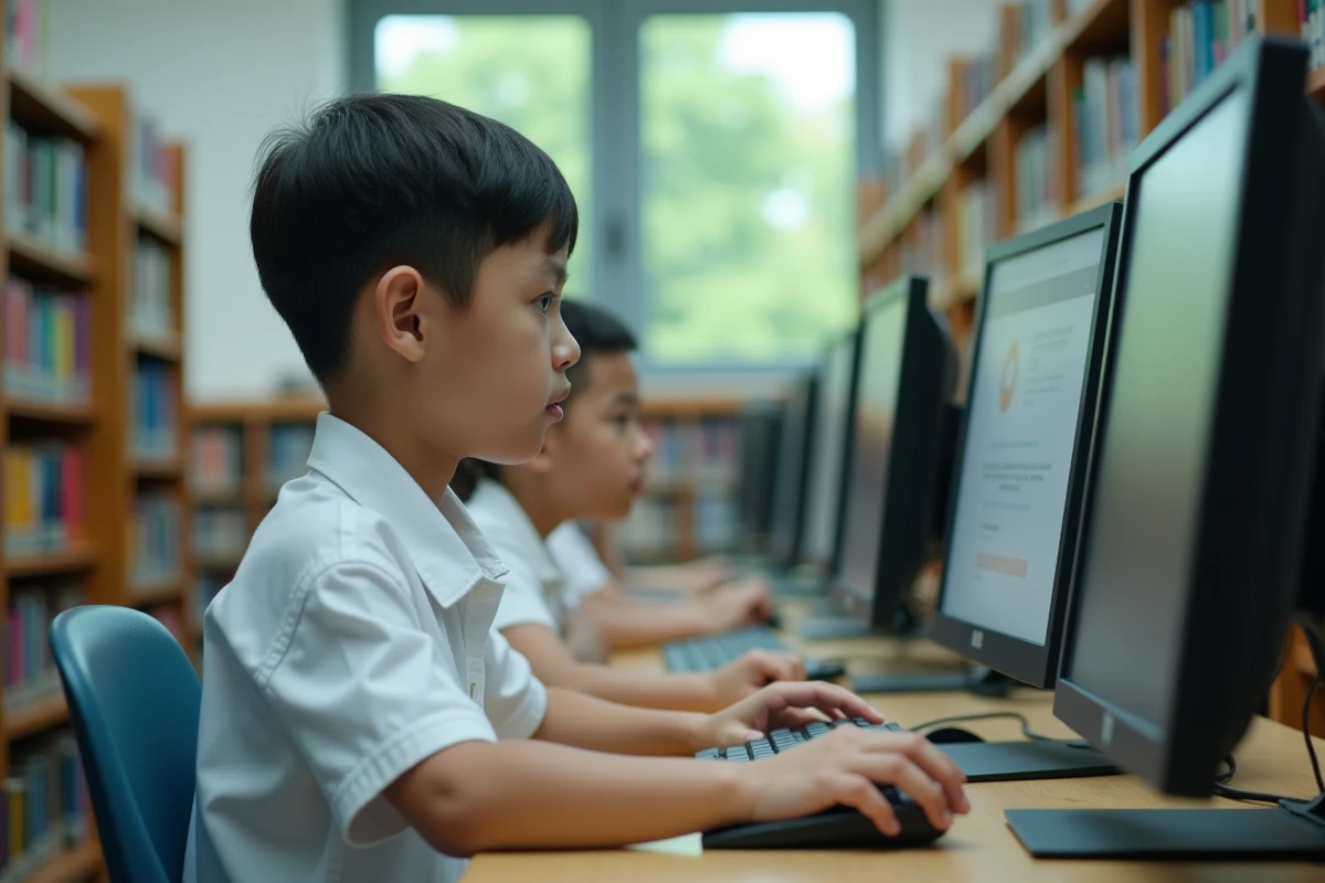 Jeune collégien utilisant un ordinateur dans la bibliothèque scolaire pour accéder au portail Cybercollège