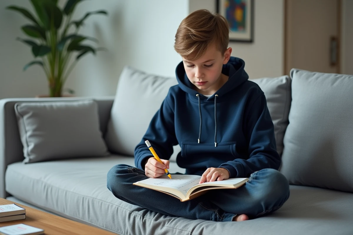 Collégien révisant les conjugaisons du passé simple avec un livre de grammaire et des fiches de révision dans le salon