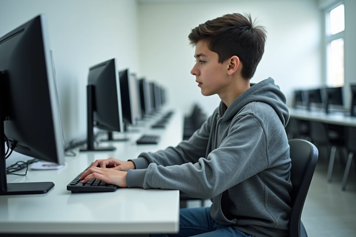 Collégien travaillant sur l'outil numérique Entaix dans une salle informatique de collège