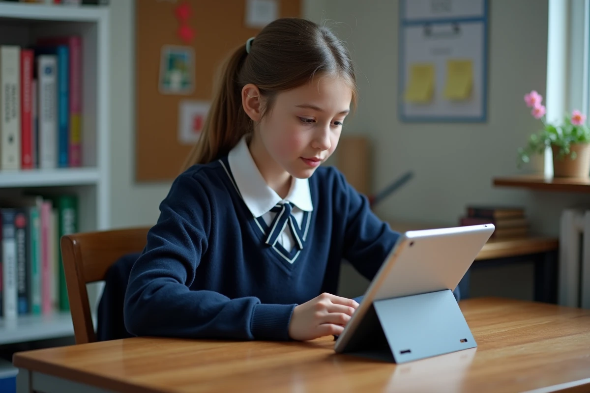 Une collégienne utilisant une tablette pour accéder au portail ENT Normandie depuis sa chambre