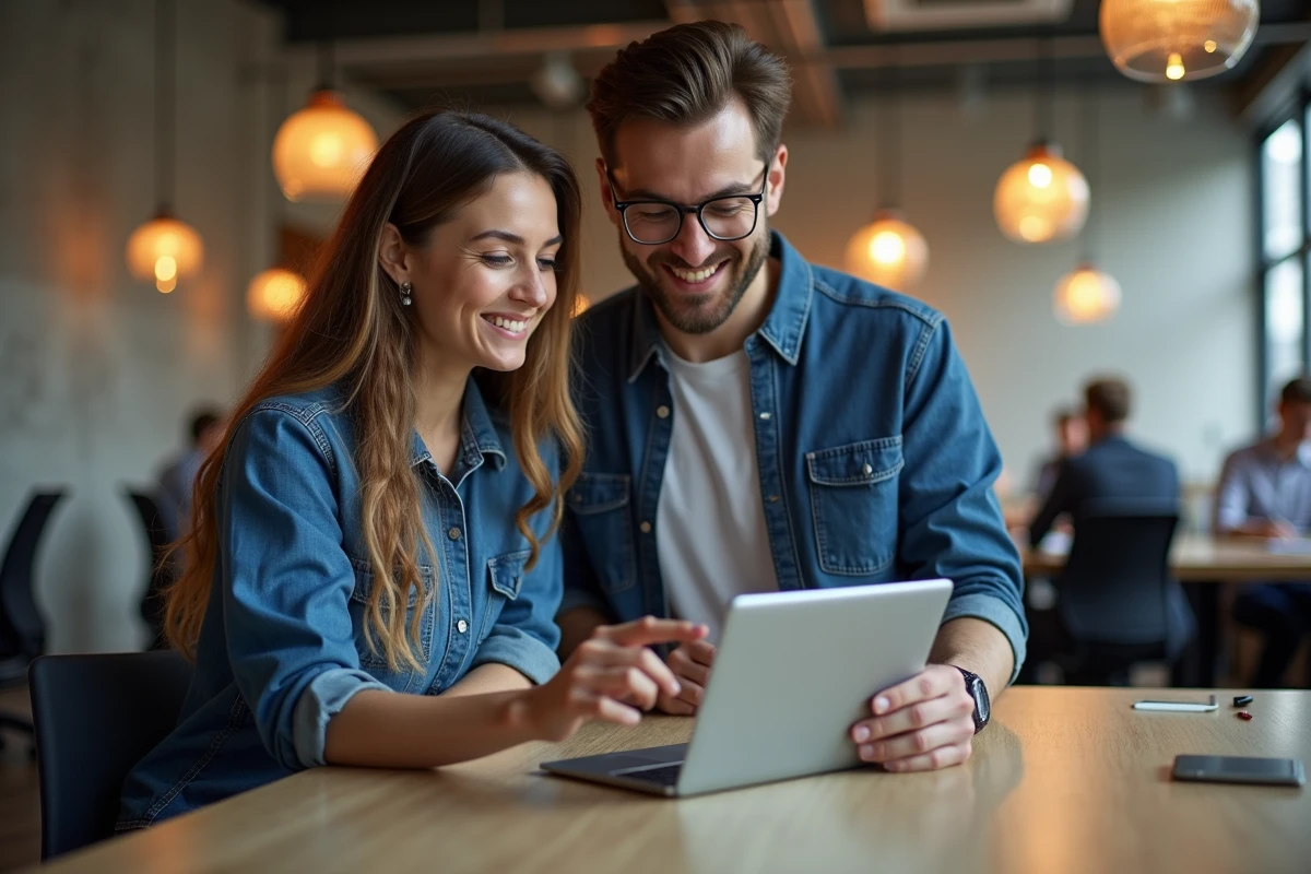 Deux collègues en espace de co-working discutant du choix entre un abonnement logiciel et un outil classique pour leurs campagnes d'emailing