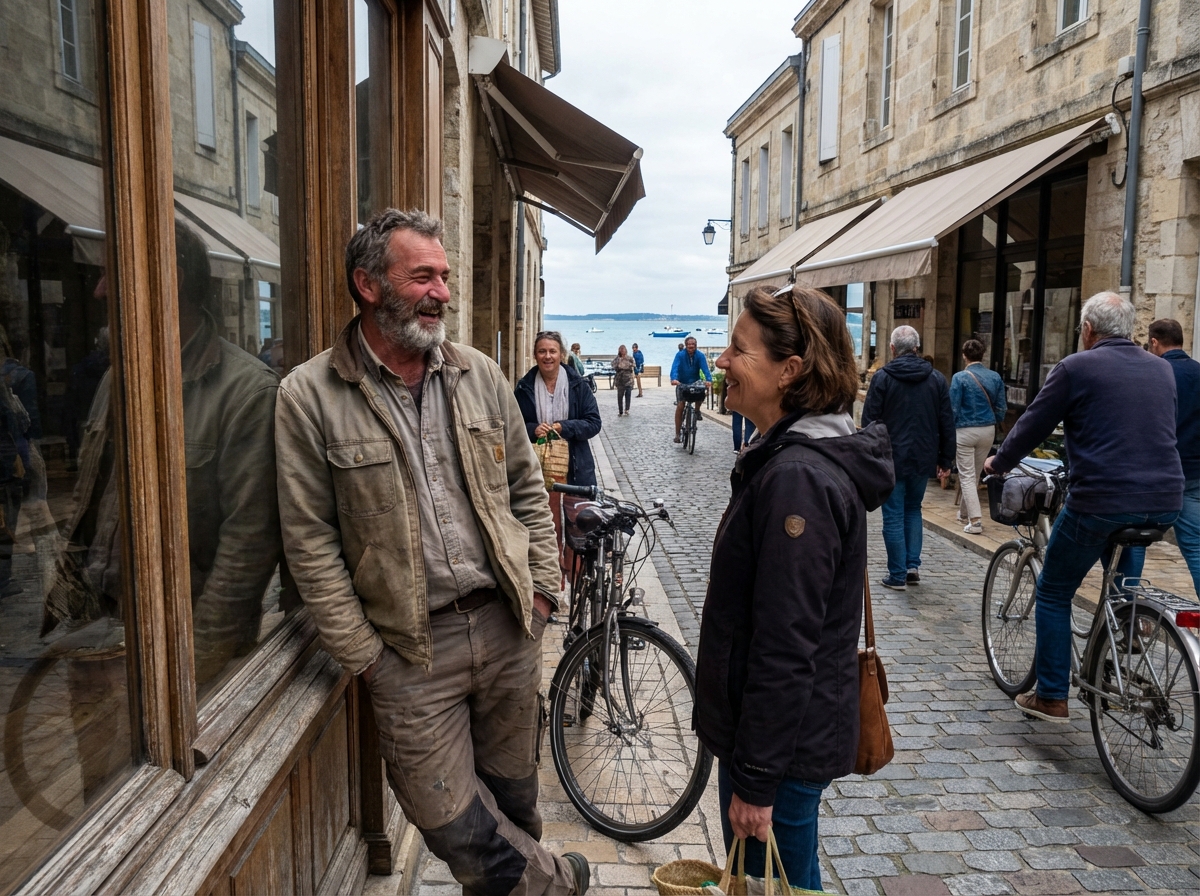 Homme en tenue de travail discutant en rue à Arcachon