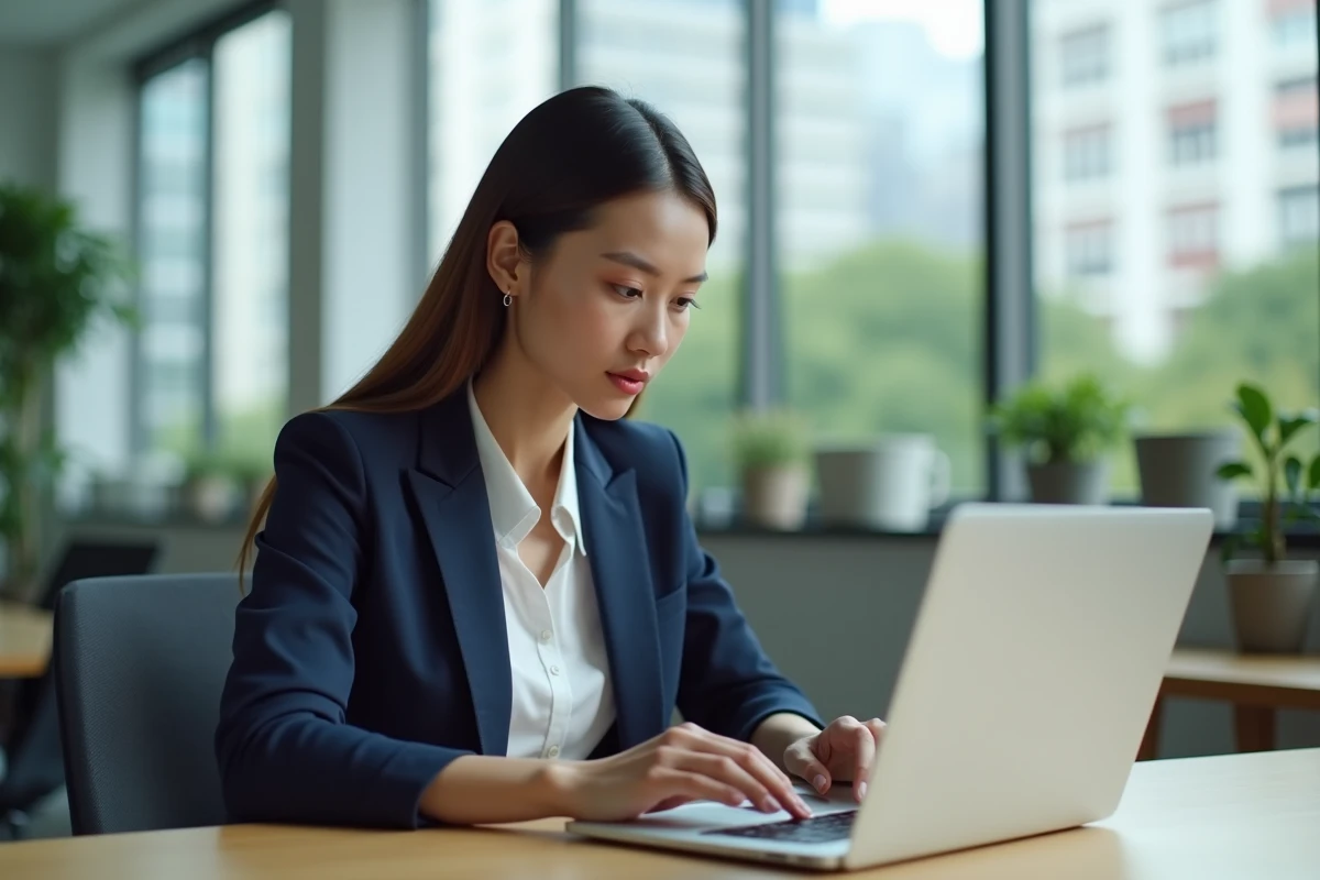 Femme professionnelle comparant deux logiciels de marketing par email sur deux écrans d'ordinateur portables dans un bureau moderne