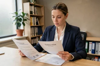 Une femme de 34 ans compare un titre professionnel et un diplôme d'État dans un bureau de centre de formation