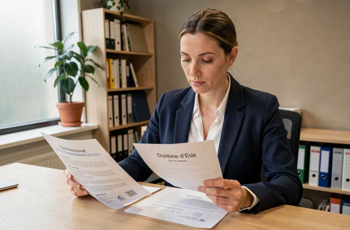 Une femme de 34 ans compare un titre professionnel et un diplôme d'État dans un bureau de centre de formation
