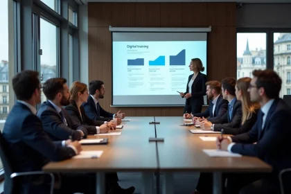 Salle de conférence parisienne avec des professionnels en réunion autour d'une table ovale lors d'un événement de formation digitale pour PME et grands groupes
