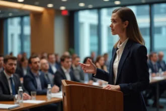 Jeune femme conférencière en blazer navy lors d'une présentation
