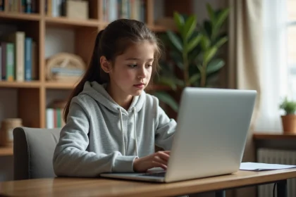 Adolescente se connectant au portail scolaire ENC OZE 92 sur un ordinateur portable depuis sa chambre