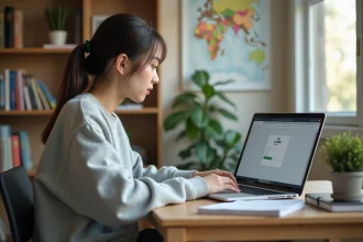 Étudiante connectée à l'ENT CESI sur son ordinateur portable dans sa chambre universitaire
