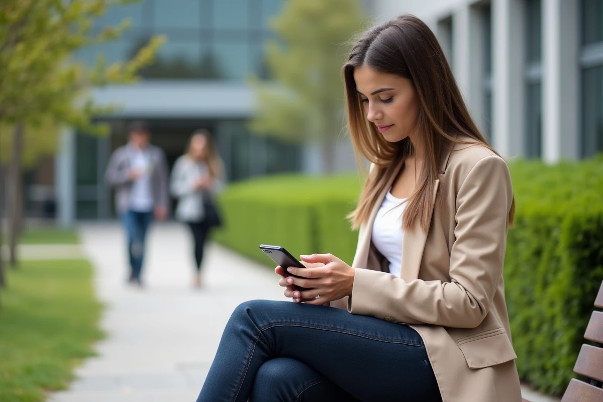 Jeune femme se connectant à l'ENT CESI sur smartphone en extérieur sur un campus