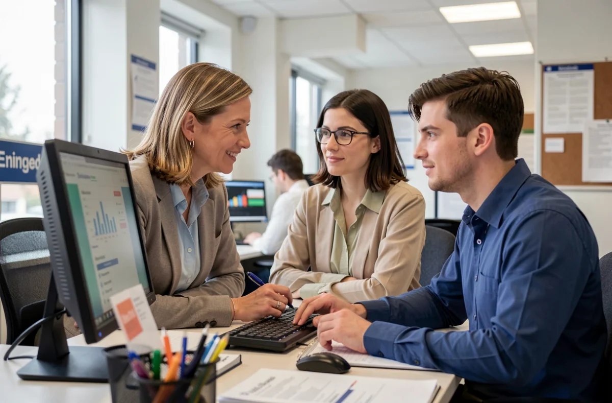 Conseiller et demandeur d'emploi devant un écran de recherche de formations