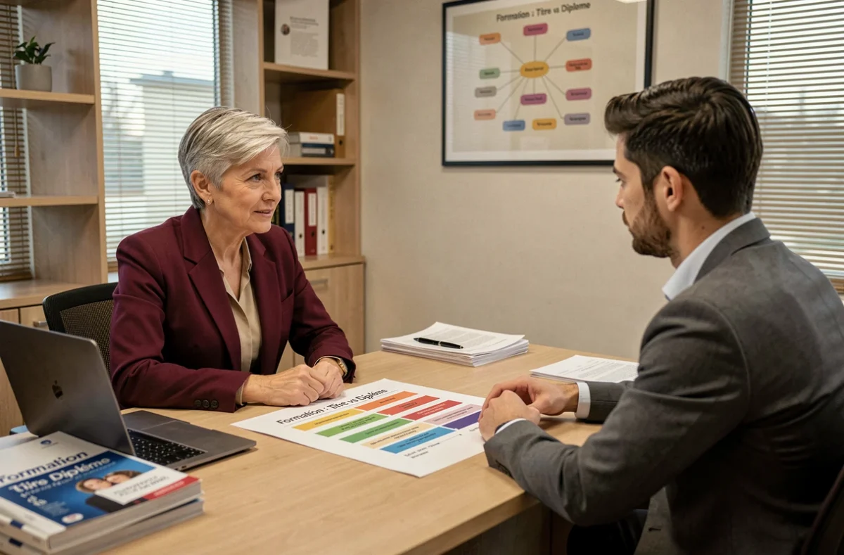 Une conseillère en formation explique la différence entre titre professionnel et diplôme à un candidat lors d'un entretien d'orientation